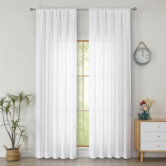 Simplebrand White Faux Linen Textured Semi Sheer Curtains 96 Inches Long 2 Panels Set, Light Filtering Soft Thick Farmhouse Curtains Window Treatment for Bedroom/Living Room/Dining Room, 50 x 96 Inch
