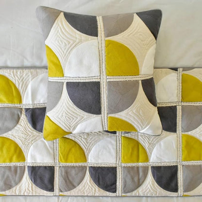 The HomeCentric King/Queen/Twin Yellow & Grey Designer CA King 86"x18" Bed Runner Without Pillow Cover, Emboroidered, Quilted & Geometric Bed Scarf on Cotton Fabric - Geo Fusion