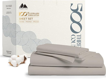 Mayfair Linen 500 Thread Count Full Cotton Sheets - 4 PC Full Size Bed Sheet Set Cotton (Taupe), Soft, Cooling, Sateen Hotel-Quality 16" Deep Pocket Bedsheet for Hot Sleepers (Fits 18" Mattress)