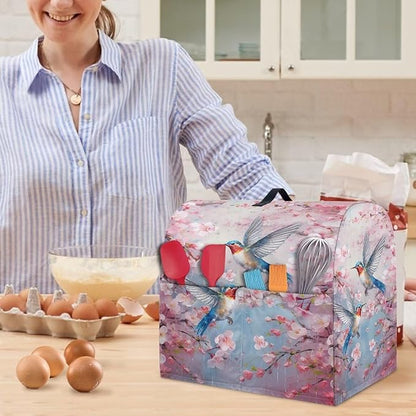 Kitchen Aid Mixer Cover Hummingbird Flower Dust Cover with Pockets and Handle, Pink, Waterproof, Polyester, Fits Most Stand Mixers