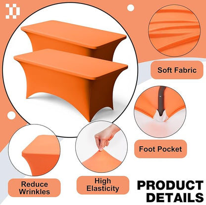 Trlyc 2 Pack 4FT Spandex Table Cloth - 48 x 30 Inch Rectangular Stretch Tablecloth, Wrinkle Resistant Scretch Table Cover for Wedding, Party, Banquet, Picnic, Outdoor Decoration (2Pcs,Orange)