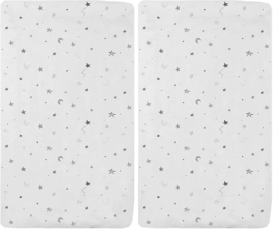 American Baby Company 15" x 33" Fitted Bassinet Sheet, Printed 100% Natural Cotton Jersey Knit, Grey Star and Moon, Soft Breathable, for Boys and Girls (Pack of 2)