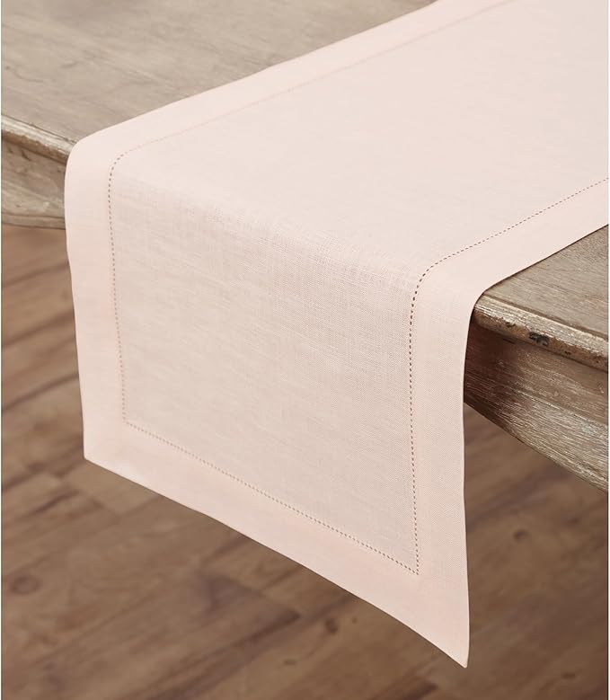 Solino Home Linen Pink Table Runner 120 Inches Long - 100% Pure Linen Hemstitch 14 x 120 Inch Table Runner for Dining, Christmas - Classic Hemstitch