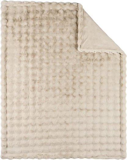Lotus Karen Faux Fur Throw Blanket Linen - 800 GSM Bubble Rabbit Fluff Blanket for Couch Bed Sofa,Softest Fluffy Fuzzy Cozy Blanket,Thick Furry Plush Shaggy Warm Blankets for Women,90x90 Inches