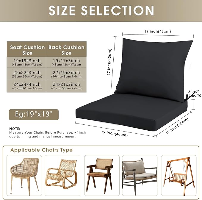 Outdoor Seat Cushion Set 19 x 19 In, Water-Resistant & Fade-Resistan, Patio Furniture Cushions with Removable Cover Deep Seat & Back Cushion with Handle and Adjustable Straps for Chair Sofa,1PC