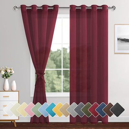 XWZO Sheer Curtains 84 Inches Length 2 Panels Set, Solid Grommet Semi Transparent Window Curtains for Living Room/Bedroom, Home Decor with Tiebacks, Amaranth Red, 52 x 84 Inches Long
