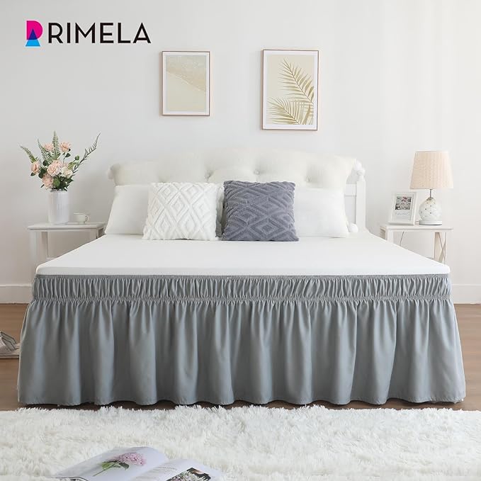 RIMELA Grey Bed Skirt Full Size 18 Inch Drop, Elastic Bed Skirting for Bed Base and Frame, Bedding Dust Ruffle Easy to Install, Lightweight Wrap Around Adjustable Bedskirt