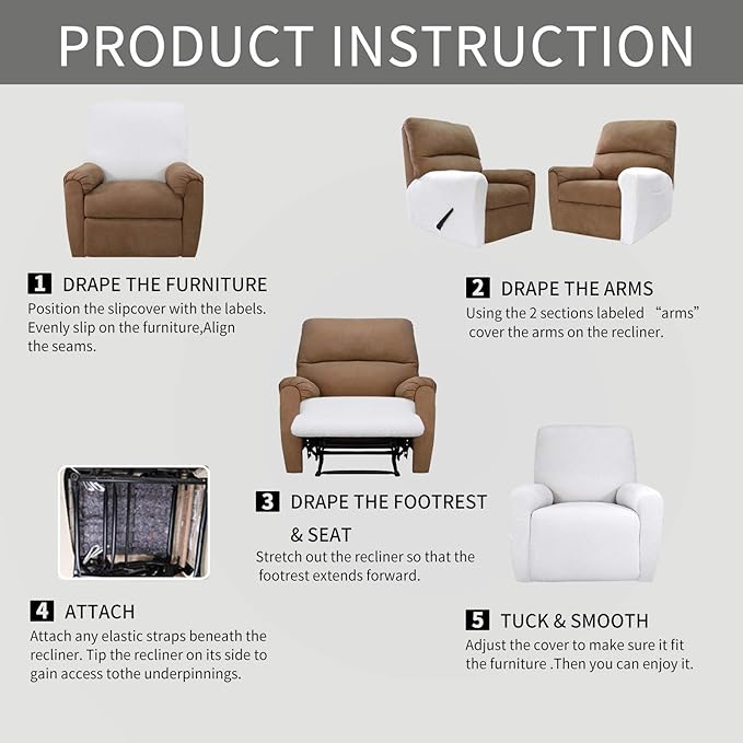 Easy-Going 4 Pieces Oversized Recliner Stretch Sofa Slipcover Sofa Cover Furniture Protector Couch Soft with Elastic Bottom Polyester Spandex Jacquard Fabric Small Checks Snow White, X-Large