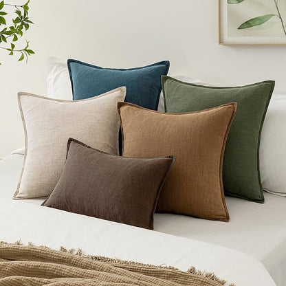 EMEMA Decorative Linen Throw Pillow Covers 18x18 Inch Brown Boho Farmhouse Neutral Couch Throw Pillows for Bed Pack of 2 Accent Pillowcase Modern Sofa Cushion Livingroom Home