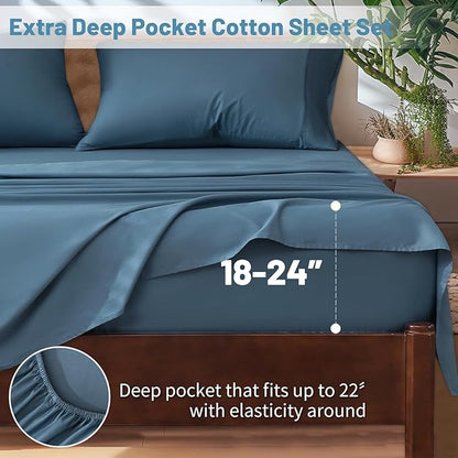 Extra Deep Pocket Queen Sheets 18-24 Inch 100% Egyptian Cotton 1000 Thread Count Sateen Weave Soft Breathable 4 Pieces（Queen,Dusty Blue）