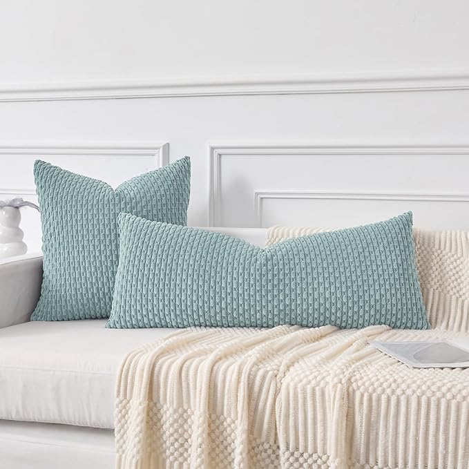 Kevin Textile 14x36 Inch Long Lumbar 1 Pack Boho Decorative Throw Pillow Cover Soft Striped Corduroy Rectangle Cushion Case Farmhouse Accent for Living Room Couch Sofa Bed, Dusty Green