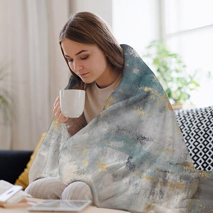 Fashion Gradient Blanket, Modern Art Baroque Gold Grey Green Painting Strokes Pattern Soft Warm Cozy Plush Flannel Covers for Livingroom Bedroom Couch Chair Camping Travel Home Decor Tapestry 40x50in