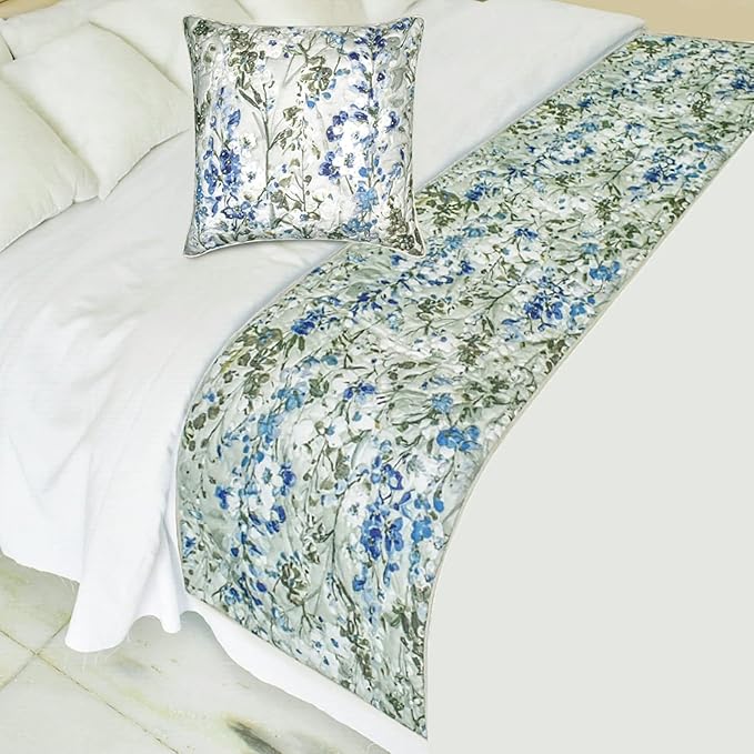 The HomeCentric King/Queen/Twin Blue Decorative Bed Runner CA King 86"x18" Bed Runner with One Pillow Cover, Quilted Bed Scarf on Cotton Fabric - Garden Grace