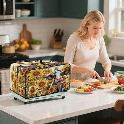 Countertop Convection Oven Cover Dust Protection Air Fryer Toaster Oven Covers with Side Pockets, for Home Kitchen Decor, S, 14.5 x 18.5 x 9 Inches, Cute Cow Sunflower