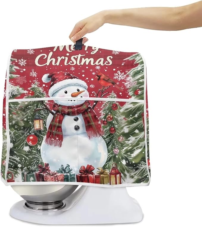 Merry Christmas Stand Mixer Cover Red Snowman Small Appliance Dust Covers For Kitchen Counter Washable Dustproof Cloth Cover for 4.5-5 Quart Mixers Christmas Kitchen Decor