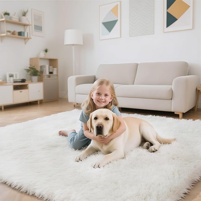 Fluffy Rug Shaggy Area Rug, White 6x9 Area Rugs for Living Room, Large Shag Area Rugs for Bedroom Kids Room Home Decor, Upgrade Anti-Skid Rectangular Fuzzy Rugs