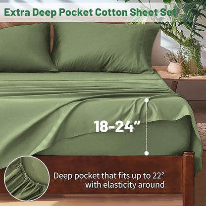Extra Deep Pocket King Sheets 18-24 Inch 1000 Thread Count 100% Egyptian Cotton Sateen Weave Soft Breathable 4 Pieces（King，Olive Green）