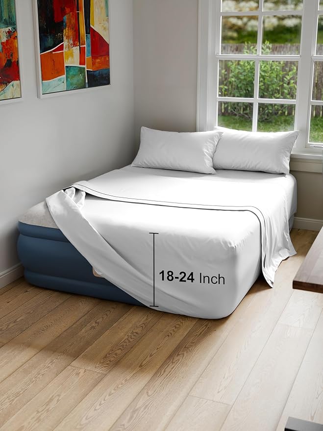 Air Mattress Sheet Set for King Size - 4 Piece Breathable & Cooling Sheets w/Extra Deep Pockets - Fits Inflatable & Blow Up Air Mattresses Up to 24 Inches Thick - Ultra Soft & Wrinkle Free - White