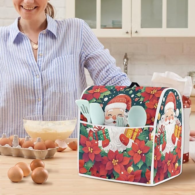 Santa Claus Stand Mixer Cover Dust Protective Poinsettia Stand Mixer Covers For Kitchen Aid 6-8 Quart Mixers Dustproof Cloth Cover for Small Appliance Protector Gift for Holiday