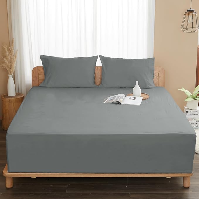 Sunflower Queen Fitted Sheet, 1-Piece Deep Pocket Fitted Bottom Sheet 16", 100% Cotton Sateen Soft Breathable, Ultimate Gray