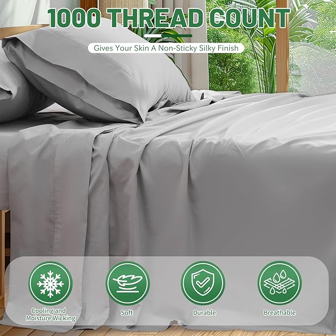 100% Egyptian Cotton Sheets King Size 4PCS 1000 Thread Count Sateen Weave Soft Breathable 16-Inch Deep Pocket （King,Grey）