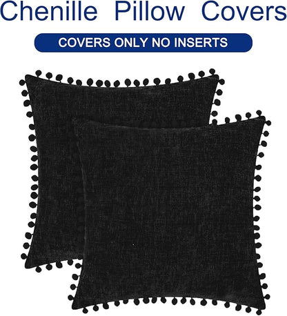 CaliTime Throw Pillow Covers Decorative 22 X 22 Inches Pack of 2 Cozy Solid Dyed Soft Chenille Cushion Cases with Pom Poms for Couch Sofa Bed Living Room Home Black