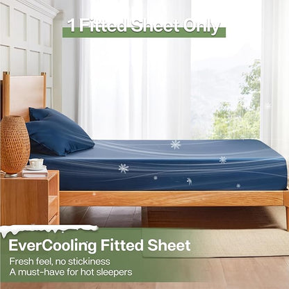 MR&HM Full Fitted Sheet Only, Ultra-Soft Rayon Derived from Bamboo & Polyester Blend, Silky & Breathable, 15" Deep Pocket with Elastic Straps, Cooling Fitted Sheet for Hot Sleepers, Navy Blue