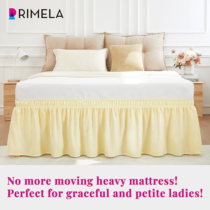 RIMELA Full Bed Skirt 15 Inch Drop, Wrap Around Elastic Bedskirt Solid Microfiber Luxury Hotel Quality Fabric, Easy to Install Machine Washable Wrinkle & Fade Resistant, Light Yellow