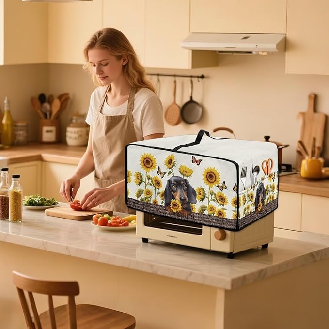 Dachshund Dog Sunflower Butterfly Print Microwave Oven Dust Cover Dustproof Microwave Toaster Oven Cover Polyester-Linen Fabric Kitchen Machine Covers for Toaster Oven Air Fryer, S