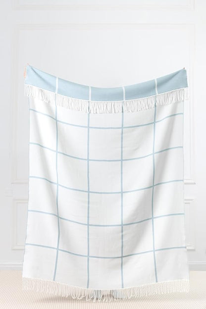 Hofdeco Premium Coastal Decorative Throw Blanket for Patio Couch Sofa, Baby Blue Plaid with Fringe, 52"x71"