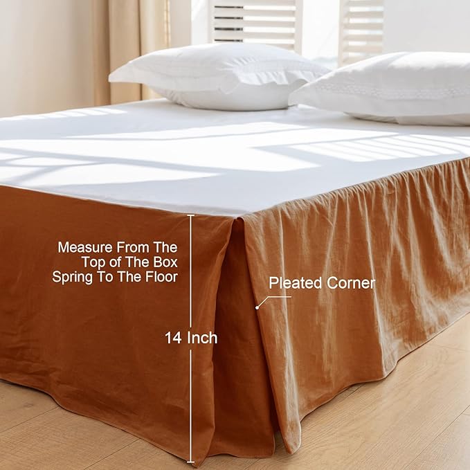 BISELINA French Linen Bed Skirt with Pleated Corner 14-Inch Tailored Drop Natural Flax Cotton Blend Basic Dust Ruffle Soft Cozy Farmhouse Bedding (14" Queen, Basic Rust)