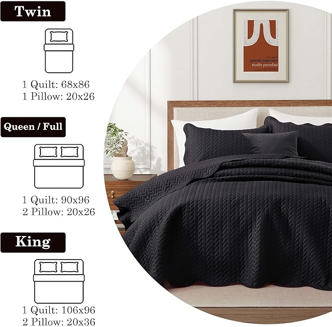IR Imperial Rooms California King Quilt Bedding Set Size (118"x106") + 2 Pillow Shams (20" x 36"+ 2") - 3 Pcs All Season Reversible Microfiber Coverlet Embossed Quilt Bedspread (Black)