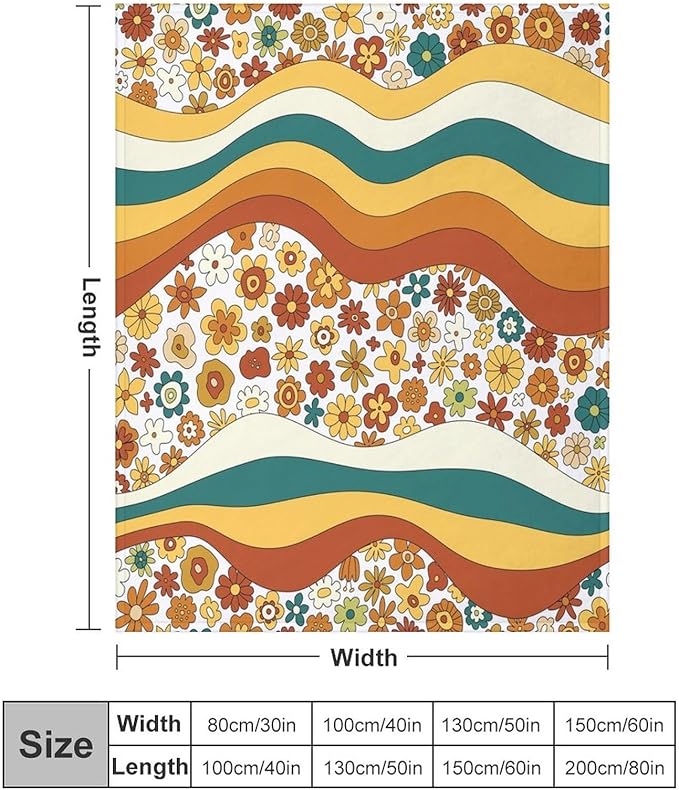 70s Retro Floral Throw Blanket, Boho Groovy Wavy Geometric Hippie Cute Flowers Yellow Orange Abstract Print Blanket for Holiday Theme Home Decor Bedding Couch and Gift 50"x60"