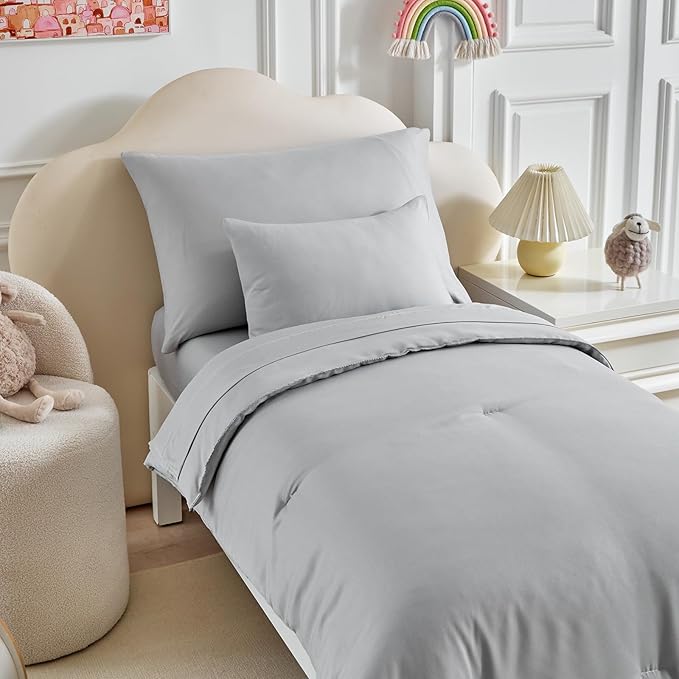 Toddler Bedding Set - 5 Piece Soft and Breathable Toddler Bed Set for Boys and Girls, Includes Quilted Comforter, Fitted Sheet, Flat Top Sheet, Standard Pillowcase and Toddler Pillowcase, Gray