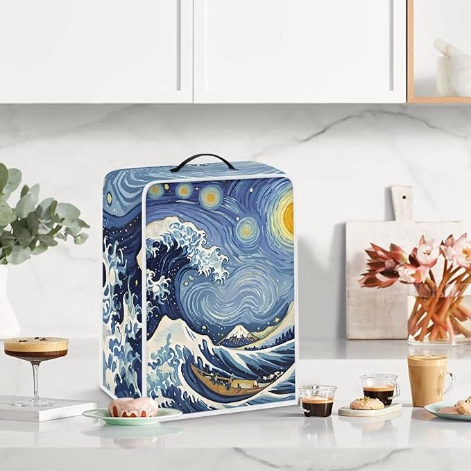 Starry Night Great Wave Print Coffee Maker Covers With Top Handle Folding Coffee Machine Dust Covers For Blender Mixer Juice Machine Keep Office Home Kitchen Clean