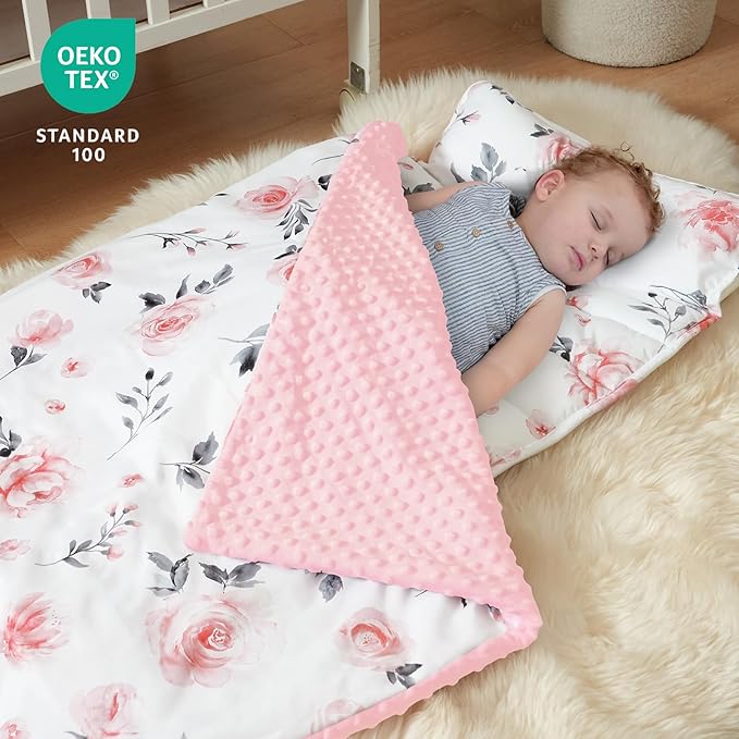 david's kids Toddler Nap Mat with Pillow and Minky Fleece Blanket, Ultra Soft Slumber Bags for Girls, Perfect for Preschool, Daycare, Kids Sleeping Bags with Rollup Design, 50"x20", Floral Flowers