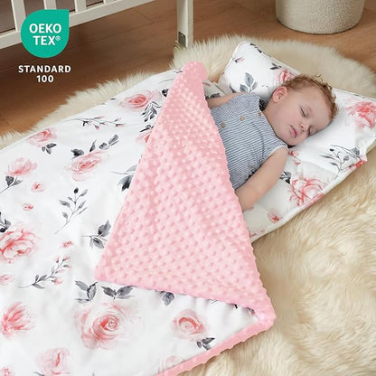 david's kids Toddler Nap Mat with Pillow and Minky Fleece Blanket, Ultra Soft Slumber Bags for Girls, Perfect for Preschool, Daycare, Kids Sleeping Bags with Rollup Design, 50"x20", Floral Flowers