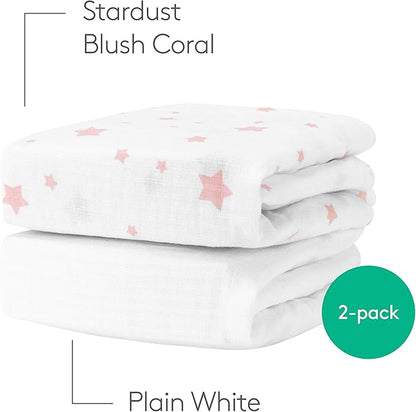 Newton Baby Fitted Mini Crib Sheets (2-Pack) | Organic Muslin Cotton, Breathable & Soft Baby Sheets, Washable Baby Mattress Sheets, Fits Mini Crib Mattresses 24" x 38", Stardust Coral & Plain White