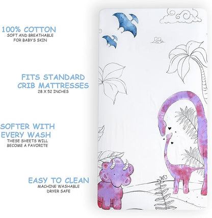 JumpOff Jo - Fitted Crib Sheet, Super Soft Breathable 100% Cotton Baby Crib Sheet for Standard Crib Mattresses and Toddler Beds, 28 in. x 52 in. - Pink Dinosaur