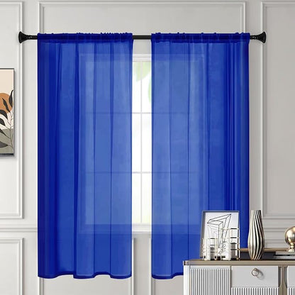 Sheer Curtains 45 Inches Long 2 Panels, Rod Pocket Short Curtain for Kitchen, Bedroom, Cafe Window(Blue Sapphire 38" W x 45" L)