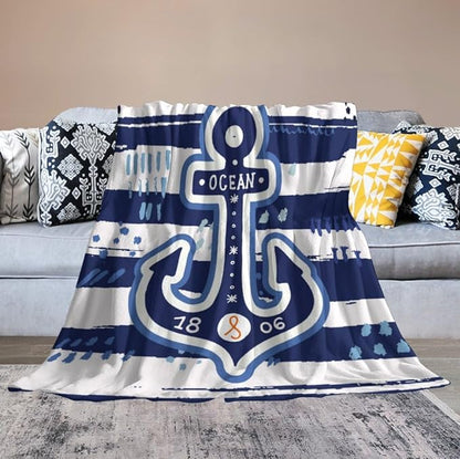 Nautical Anchor Blanket Modern Cartoon Anchor Ocean Adventure Blue White Soft Cozy Lightweight Throw Blanket for Kids Boys Men Bedroom Living Room Dorm Chair Sofa Travel 40x50in