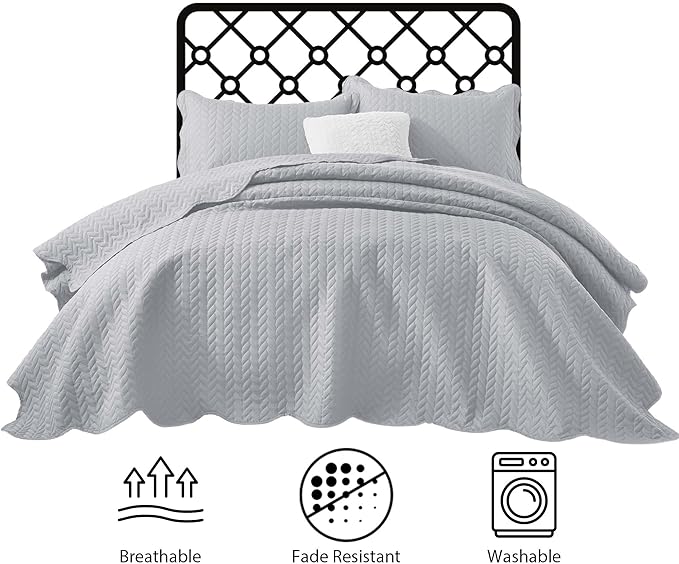 IR Imperial Rooms Queen Quilt Bedding Set Size (90" x 96") + 2 Pillow Shams (20" x 26"+ 2") - 3 Pcs All Season Lightweight Reversible Microfiber Coverlet Embossed Quilt Bedspread (Silver)