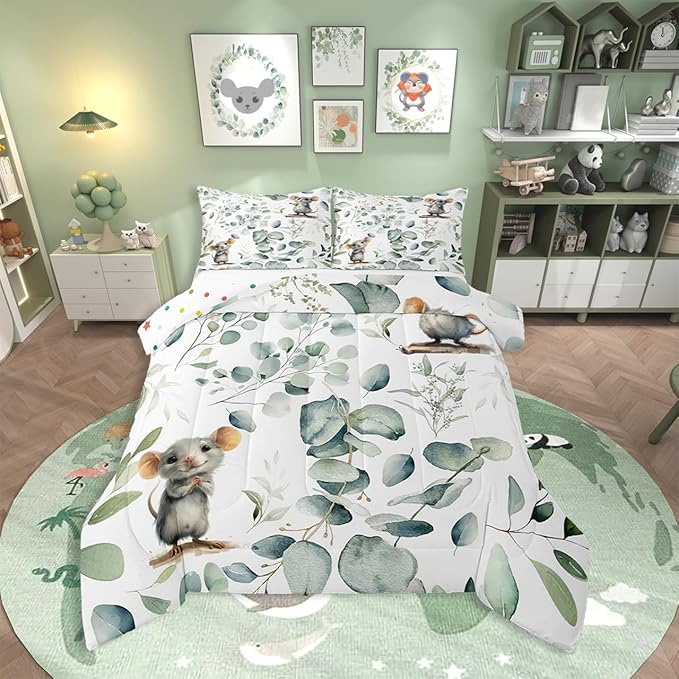Erosebridal Kids Cute Animal Toddler Comforter Set for Girls Boys Cartoon Mouse Bedding Set, Spring Eucalyptus Bedding Comforter Sets Watercolor Leaves Duvet Set, Kawaii Animal Mice Quilted Comforter