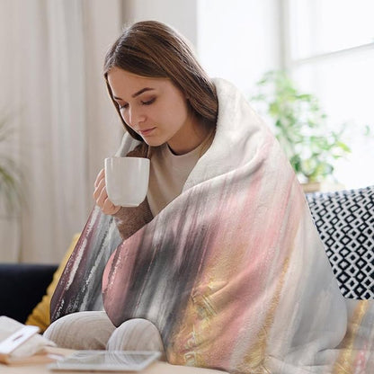 Fashion Gradient Blanket, Modern Art Baroque Gold Grey Pink Painting Strokes Pattern Soft Warm Cozy Plush Flannel Covers for Livingroom Bedroom Couch Chair Camping Travel Home Decor Tapestry 40x50in