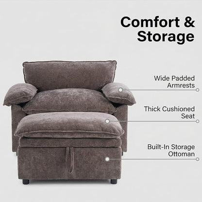 Furnimart Super Plush Cloud Chair with Storage Ottoman, Oversized Chaise Lounge Chair, Thick Chenille Cushions, Pillow Armrest & Storage, for Living Room, Bedroom, Modern Comfort(Brown)
