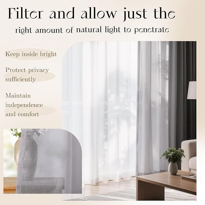 Dreaming Casa Grey Sheer Curtains 96 Inches Long, Rod Pocket & Back Tab Light Filtering Textured Sheers for Living Room Bedroom, 2 Panels, Each 52" W x 96" L