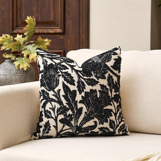 Yangest Chenille Floral Pillow Cover 18 x18 Inches, Neutral Jacquard Square Throw Pillow Cover Soft Decorative Nature Accent Couch Pillow Cover for Living Room Bedroom, Black