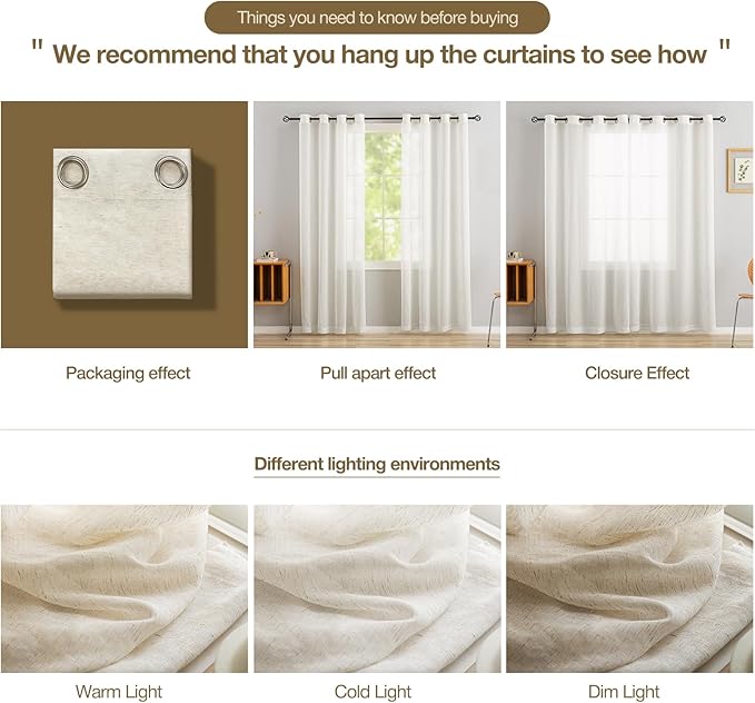 Anmao Flax Linen Curtains for Living Room 54 Inch Length 2 Panels Set, Light Filtering Sheer Window Curtain Drapes for Bedroom with Nickel Grommet, 52 Inch Wide Each Panel, Ivory Color
