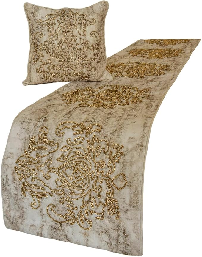The HomeCentric King/Queen/Twin Ivory & Gold Designer Full 68"x18" Bed Runner with 2 Pillow Cover, Beaded & Foil Bed Scarf on Silk Fabric - Foil Damask Gold