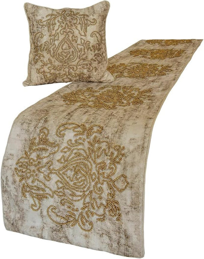 The HomeCentric King/Queen/Twin Ivory & Gold Designer Full 68"x18" Bed Runner with 2 Pillow Cover, Beaded & Foil Bed Scarf on Silk Fabric - Foil Damask Gold